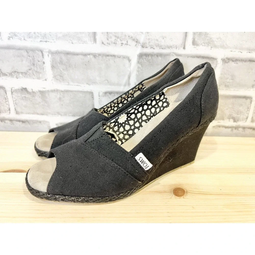 TOMS Classic Wedge Peep Toe Sandal, Women's Size 8 M, Black - Picture 1 of 5
